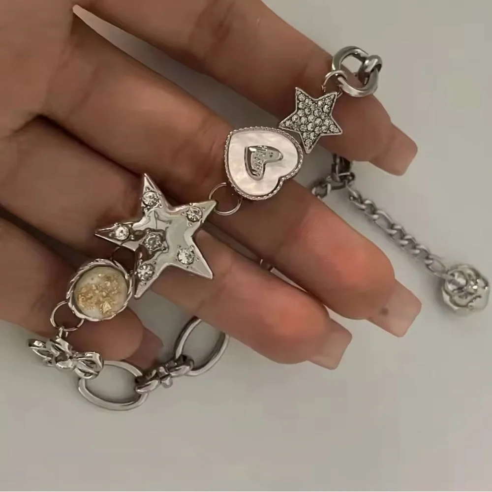 Star Beaded Bracelet Aesthetic Silver Heart Star Chain Bracelet Love - Picture 2 of 5